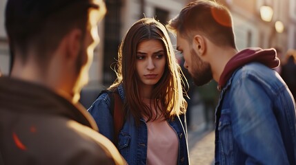 Disloyal woman looking another man and her angry boyfriend looking at her on the street : Generative AI