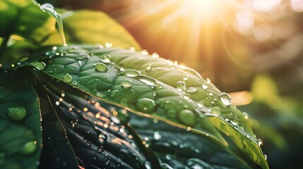 An amazingly beautiful macro image of water or dew drops on a green leaf of a plant with sunlight reflected in a large drop in nature : Generative AI - obrazy, fototapety, plakaty