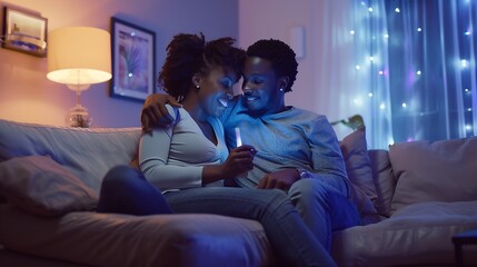 Happy couple checking pregnancy test sitting on a couch in the living room at home : Generative AI