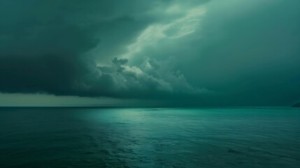 Blue green clouds over the sea Toned seascape Dark teal water and sky background with copy space for designRocky coastline on the horizon Creepy scary atmosphere mood : Generative AI