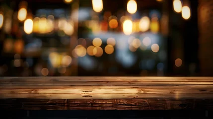 Fotobehang Empty wood table top of bar with blur of cafe restaurant in dark night backgroundselective focus For montage product display : Generative AI © Generative AI