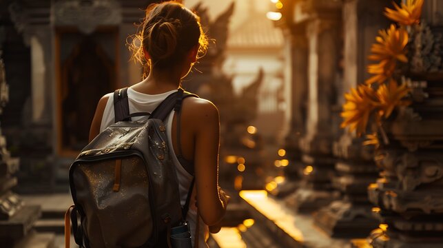 Tourist woman with backpack at vacation walking through the Hindu temple in Bali in Indonesia : Generative AI