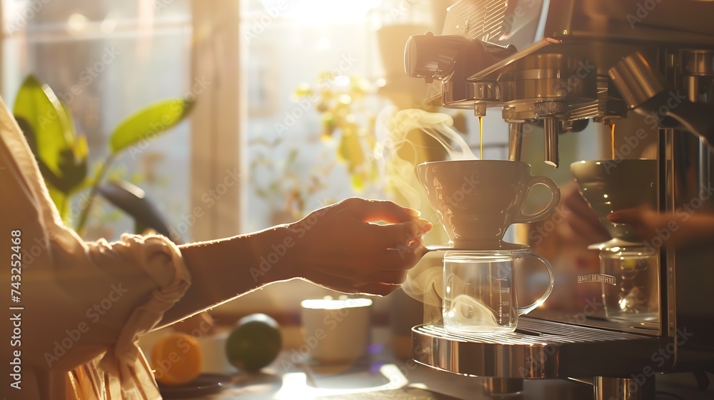 Poster female hands holding portafilter and making fresh aromatic coffee at home using a modern coffee make