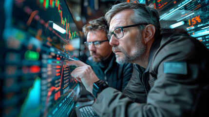 Two financial experts analyzing real-time stock exchange data on multiple computer screens.