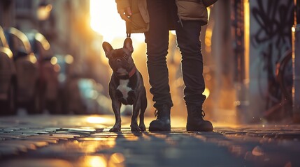 Man with his dog French Bulldog in the street : Generative AI - obrazy, fototapety, plakaty