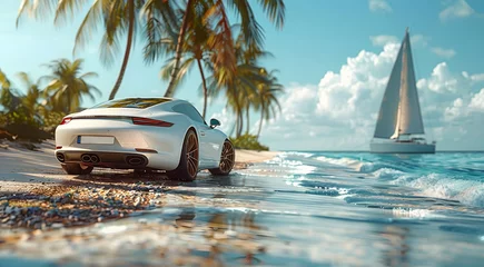 Zelfklevend Fotobehang A high-end sports car on a sunny beach with palm trees and a sailboat sailing in the sea. © ImagineStock