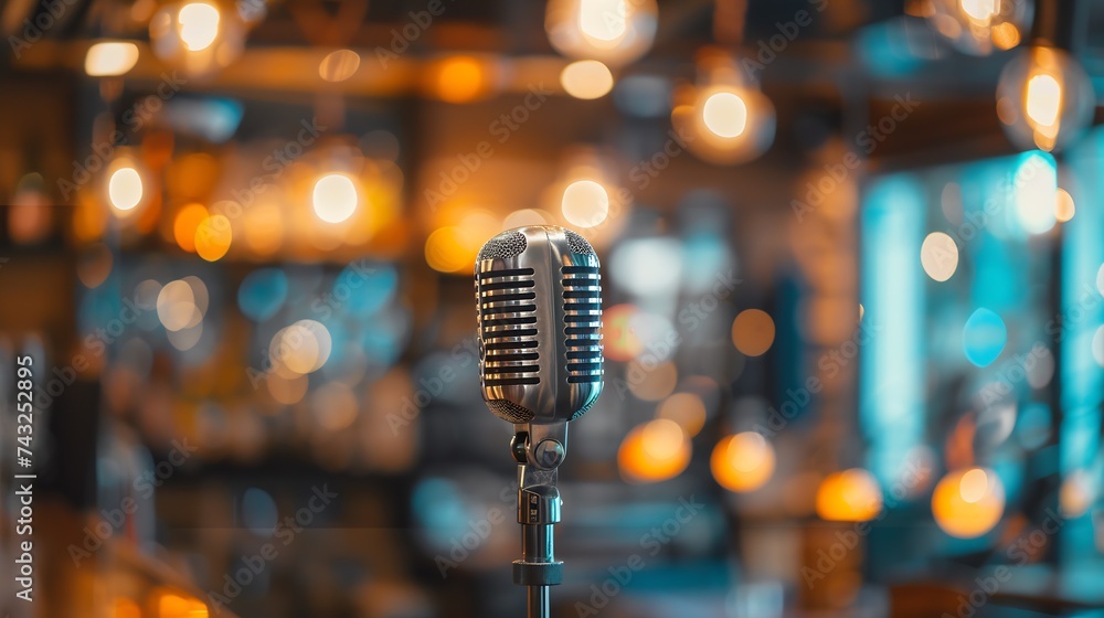 Poster microphone against blur on beverage in pub and restaurant background : generative ai