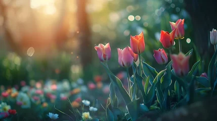 Poster Beautiful colorful tulips in bloom with bokeh on nature background : Generative AI © Generative AI