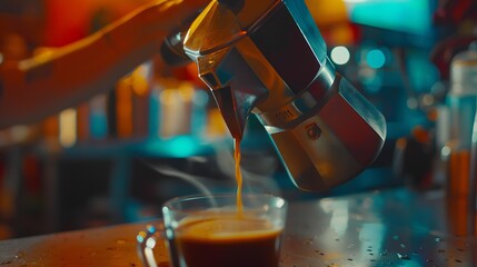 Barista pouring coffee from moka pot coffee maker to a coffee cup Hand holding Italian classic moka pot pouring coffee : Generative AI