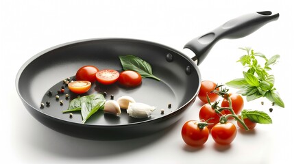 Tasty fresh ingredients and frying pan on white background : Generative AI