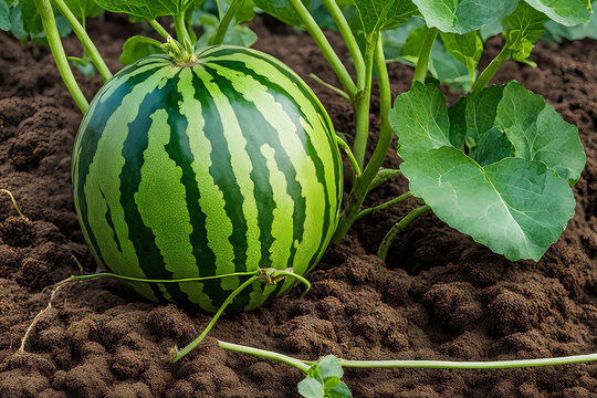 A watermelon with a clear pattern on the dark ground is still hanging from the vines.