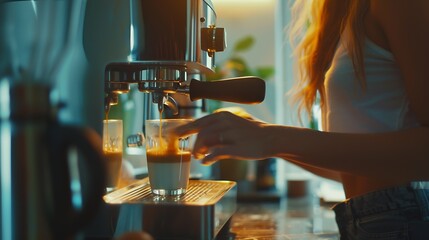 Woman using modern espresso machine for making coffee with milk in kitchen closeup : Generative AI - obrazy, fototapety, plakaty