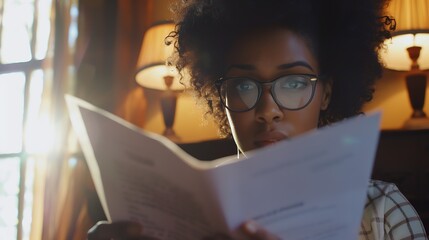 Focused young African American woman in eyeglasses looking through paper documents managing business affairs summarizing taxes planning future investments accounting alone at home offi : Generative AI - obrazy, fototapety, plakaty