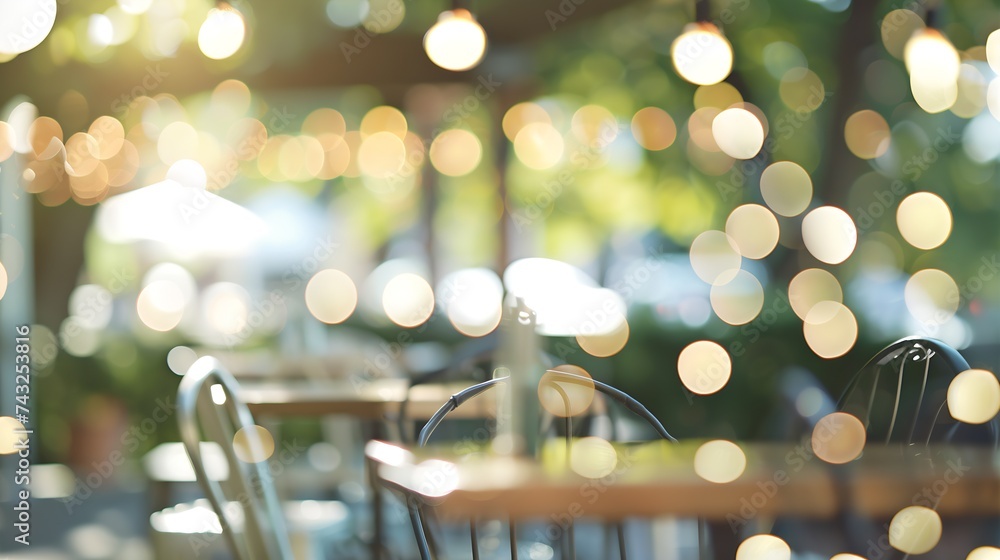 Aufkleber blurred background of outdoor restaurant with abstract bokeh light outdoor cafe with tables and chai