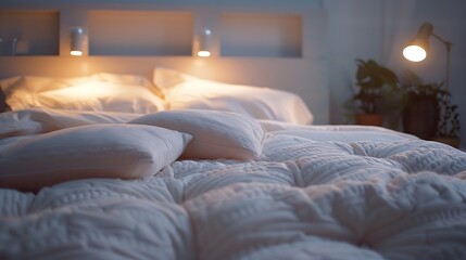 Comfortable bed with soft white mattress and pillows indoors : Generative AI