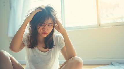 Unhappy woman touching hair sitting on floor at home thinking about problems upset girl feeling lonely and sad psychological and mental troubles suffering from bad relationship or brea : Generative AI