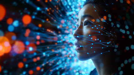 Close-up of a woman's face overlaid with a mesh of data points, illustrating the integration of humans with technology.