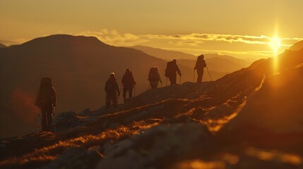 Group of hikers walking on a mountain at sunset : Generative AI - obrazy, fototapety, plakaty
