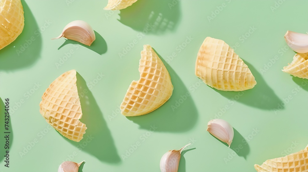 Poster Composition with waffle horn heads halves and slices of garlic Creative art layout on light green background closeup macro top view flat lay : Generative AI