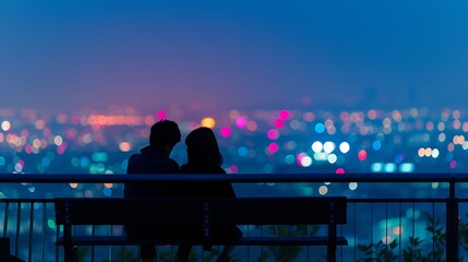 A couple sitting on a bench at the Sky Promenade Observatory in Nagoya Aichi PrefectureSilhouette of a couple sitting on a bench with a night view in the background : Generative AI