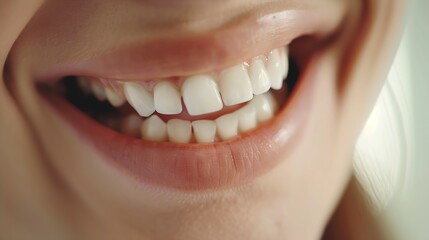 Obraz premium Patient with perfect white teeth and smile satisfied after dental treatment in a dentist office with medical equipment in the background : Generative AI