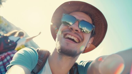 Happy tourist taking self portrait outside with cellphone on summer vacation Handsome young man laughing at camera enjoying summertime day out Tourism traveler life style and technolog : Generative AI