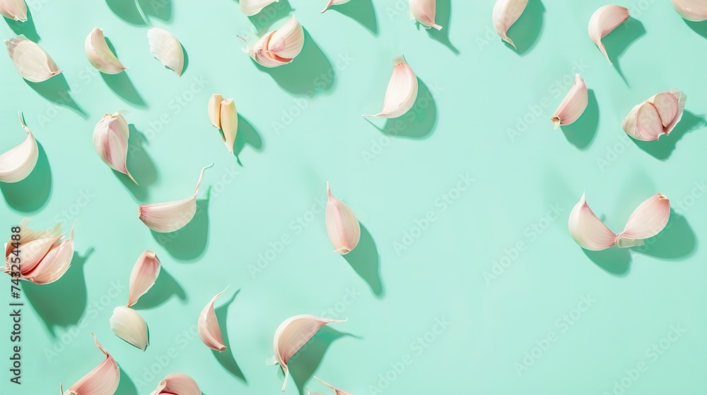 Poster Set composition with heads halves and slices of garlic Creative layout on light green background closeup macro top view : Generative AI