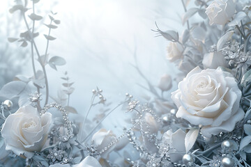 Elegant memorial photography of roses in silver and white, with copy space. background imagery.