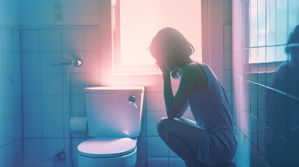 Sick woman suffering from pain in bathroom and illustration of unhealthy liver Hepatitis disease : Generative AI - obrazy, fototapety, plakaty