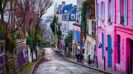Naklejka premium View of old street in quarter Montmartre in Paris France Cozy cityscape of Paris Architecture and landmarks of Paris : Generative AI