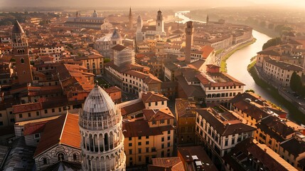 Aerial view of Pisa skyline with red rooftops and Arno river Pisa Italy : Generative AI - obrazy, fototapety, plakaty