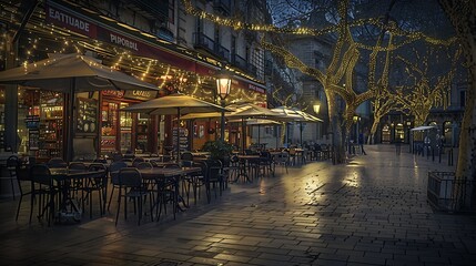 Street restaurants at Placa Reial in winter evening Barcelona : Generative AI