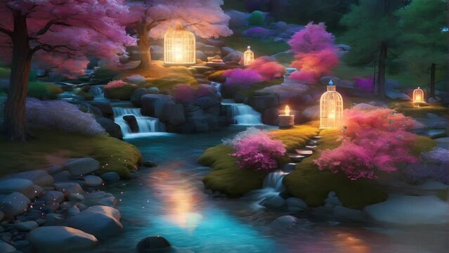 night in the park, fantasy paradise panorama, seamless looping time-lapse virtual video animation background.