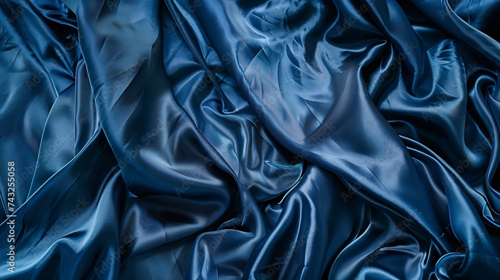 Aufkleber Beautiful dark blue silk satin background Soft folds on shiny fabric Luxury background with copy space for text design Web banner Flat lay top view tableBirthday Christmas Valentines D : Generative AI