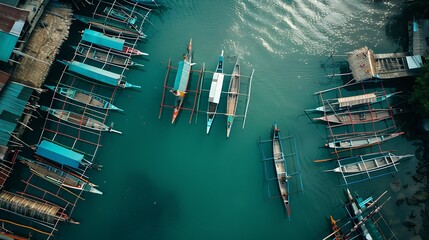 Aerial view of traditional fishing boats in Bojo River Aloguinsan Philippines : Generative AI