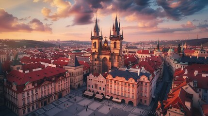 Old Town Square Staromestske namesti and Tyn Cathedral Church of Our Lady Before Tyn Prague Czech Republic Europe : Generative AI - obrazy, fototapety, plakaty