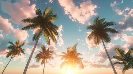 Fototapeta na wymiar Summer landscape with palm trees along the tropical coast against the blue sky with white clouds at sunrise : Generative AI