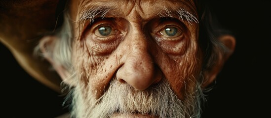 A detailed view of the weathered face of an elderly man, showcasing the lines and wrinkles that tell the story of a lifetime. His wise and kind expression reflects a depth of experience and wisdom.