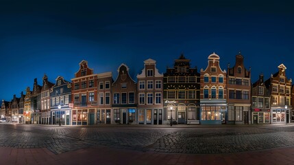Fototapeta na wymiar Panorama of typical Dutch houses on the Markt square in the center of the old city at night Delft Holland Netherlands : Generative AI