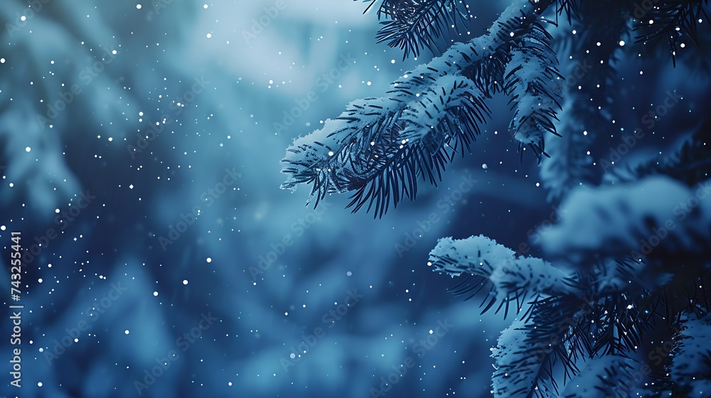 Leinwandbilder blue winter christmas nature background frame banner format snowcovered fir branches against defocus