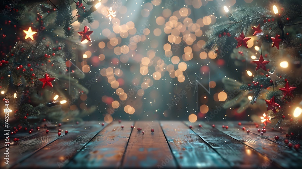 Leinwandbilder festive christmas stage scene background framing fir branches decorated with stars and red berries a