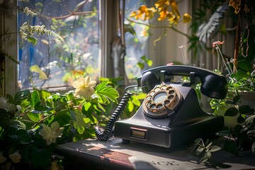 Vintage Technology An old telephone with flowers, representing retro equipment and digital nostalgia - obrazy, fototapety, plakaty