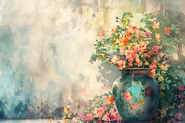 Fototapeta na wymiar Watercolor Vase with Multicolor Fresh Flowers on a Red Table set up near old wall with warm sun light.