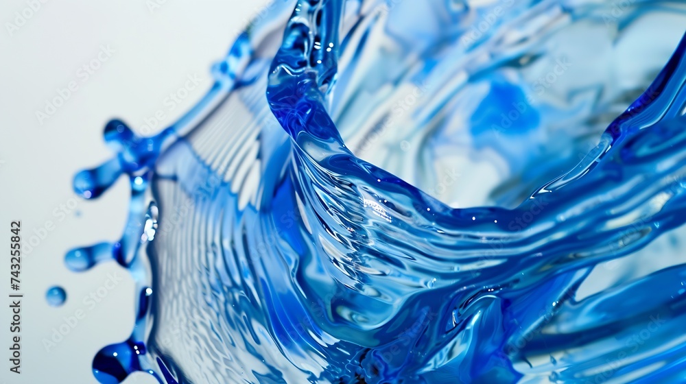 Aufkleber Beautiful texture of flow stream water closeup macro A stream of clean transparent cold water is poured into a blue glass beaker on silvery white background with free space : Generative AI