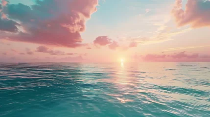 Gordijnen Mesmerizing beautiful morning Mediterranean seascape with turquoise skies soft sun peeping through the pink clouds and silvery water surface at dawn : Generative AI © Generative AI
