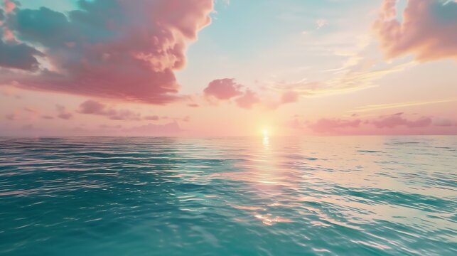 Mesmerizing beautiful morning Mediterranean seascape with turquoise skies soft sun peeping through the pink clouds and silvery water surface at dawn : Generative AI