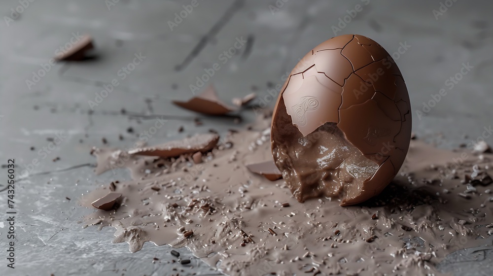 Poster exploded milk chocolate egg on grey background : generative ai