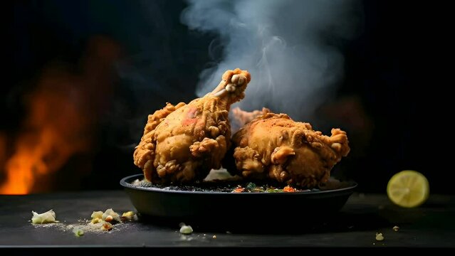 Crispy fried chicken on the table with thin smoke and fire behind the table and black background.