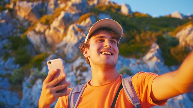 Happy tourist taking self portrait outside with cellphone on summer vacation Handsome young man laughing at camera enjoying summertime day out Tourism traveler life style and technolog : Generative AI