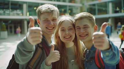 Three happy students looking at you with thumbs up in an university campus : Generative AI